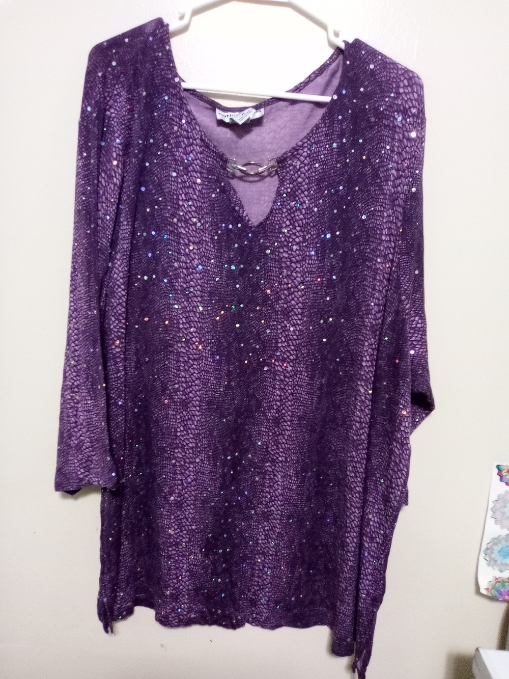 Cathy Daniels Purple Sequin Knit Tunic Top with Silver Ring Accent 3x A-12